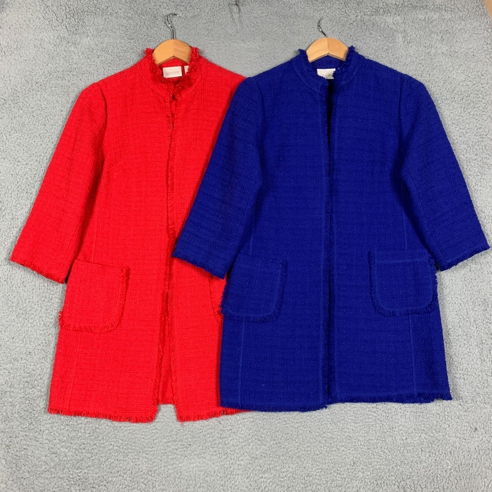 Lot of 2 Chico's Jackets Size 0 Small Red/Blue Longline Fringe Tweed Blazer